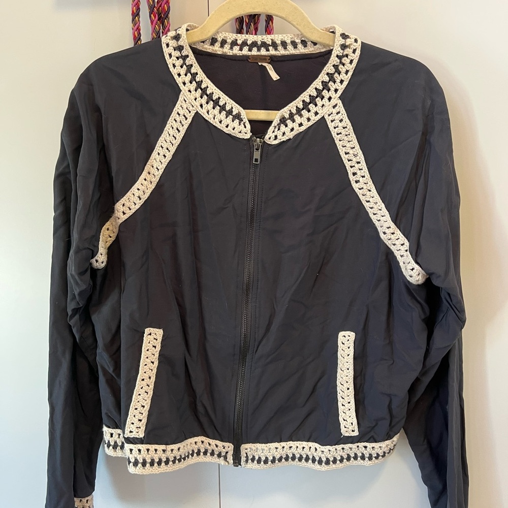 Free People Bomber Jacket Black and Cream Woven Trim
